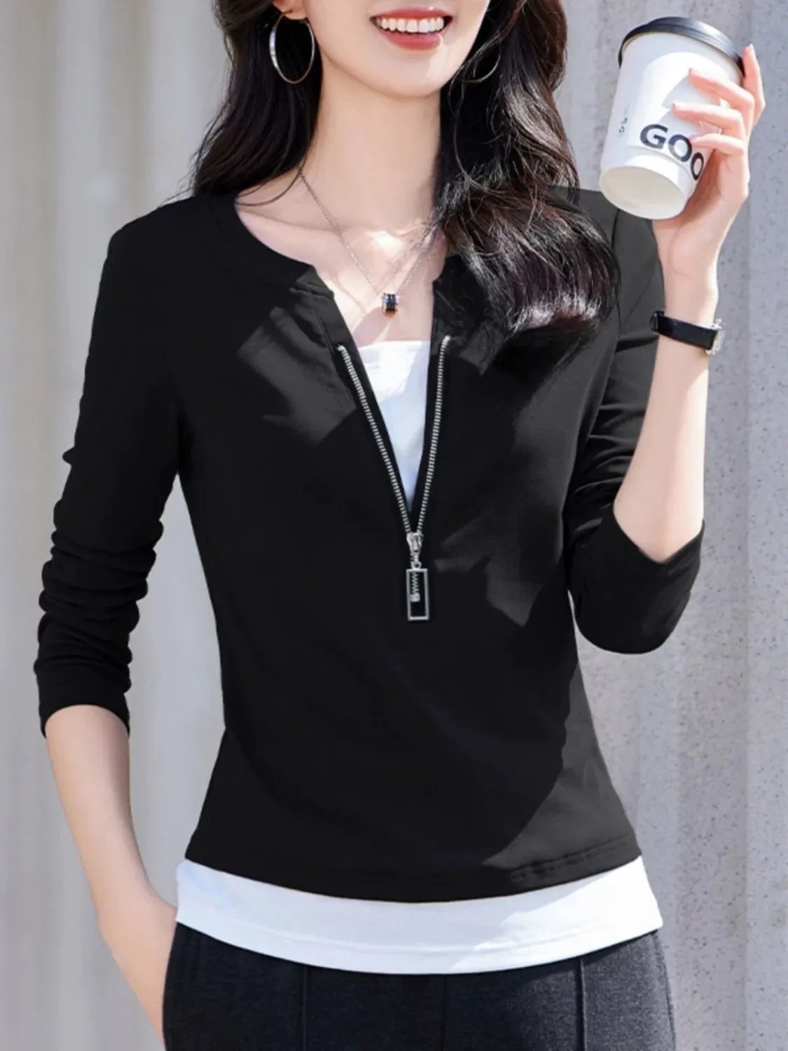 レディースファッション Vネック ジップアップ 長袖 フェイ - Women'S Fashion Quarter Zip のレビューと価格