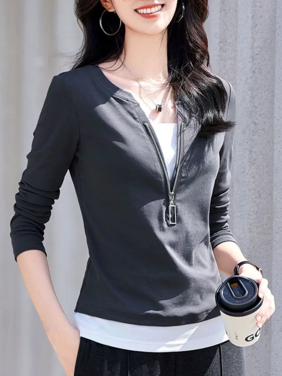 レディースファッション Vネック ジップアップ 長袖 フェイ - Women'S Fashion Quarter Zip のレビューと価格