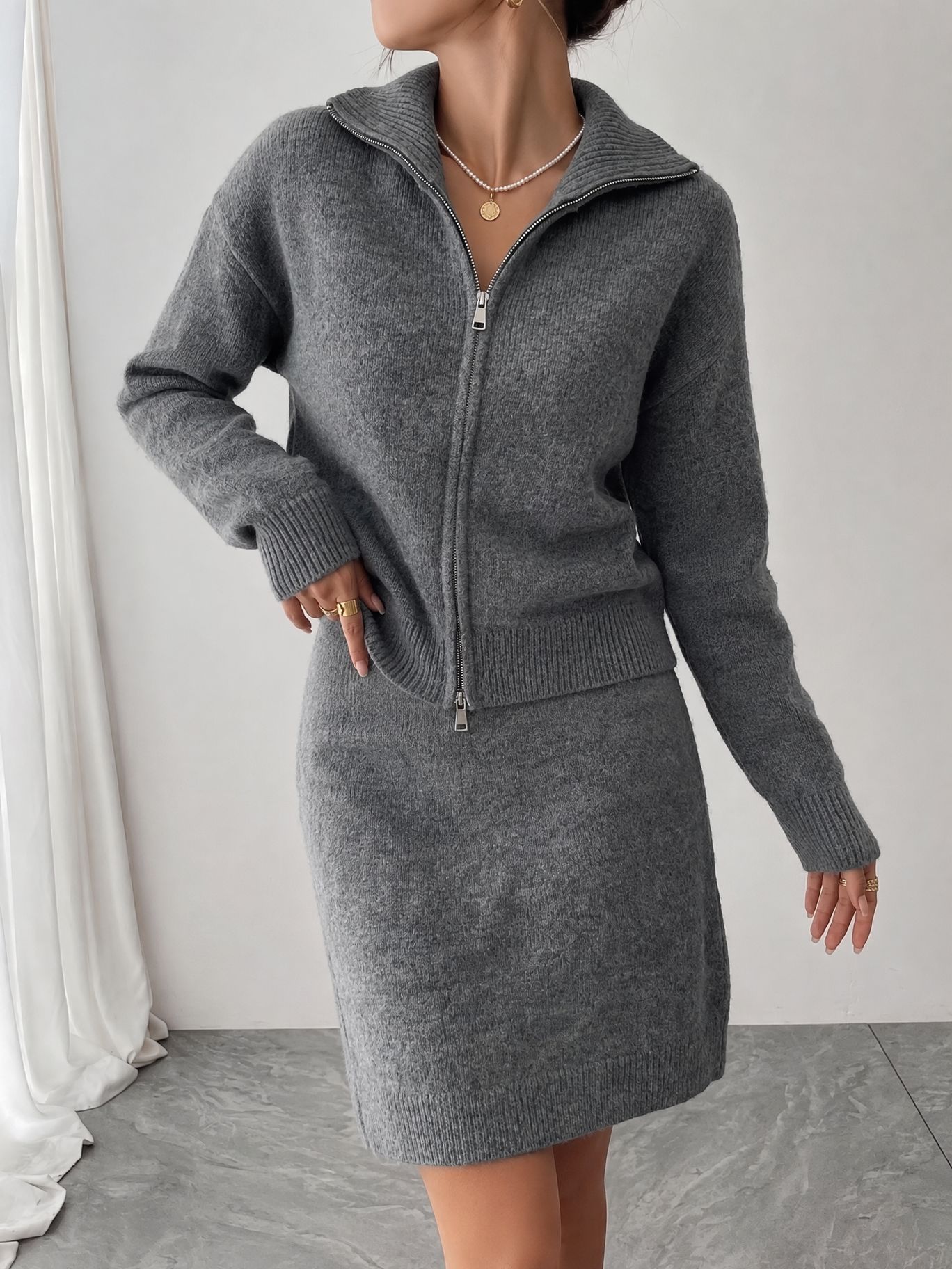 初秋のエレガントなニットジップトラックスーツ女性用、ハイウエ - Women'S Fashion Quarter Zip のレビューと価格