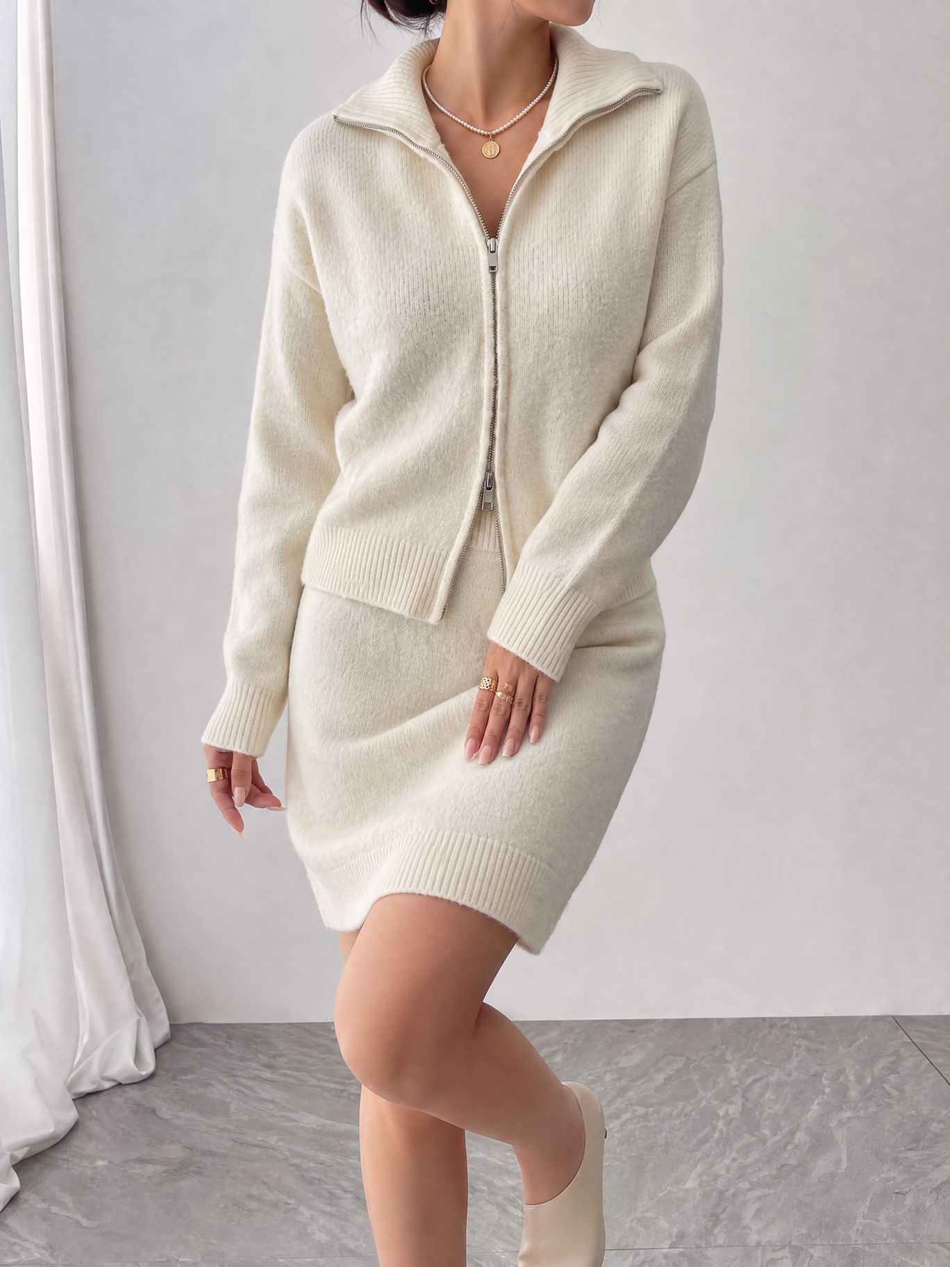 初秋のエレガントなニットジップトラックスーツ女性用、ハイウエ - Women'S Fashion Quarter Zip のレビューと価格