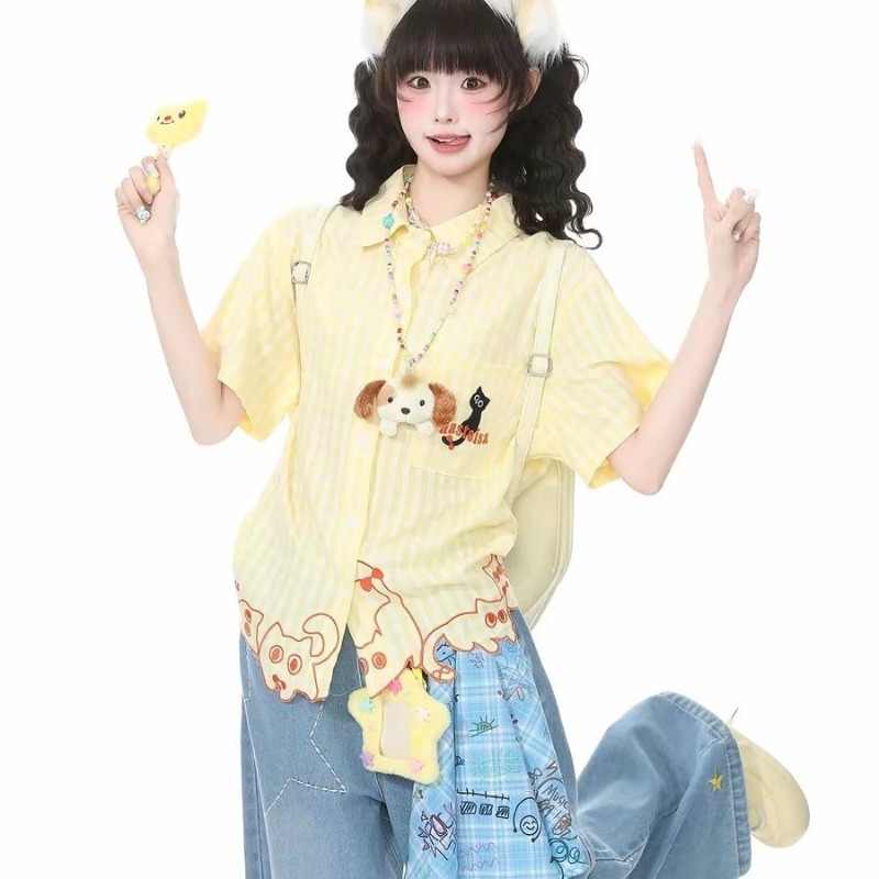 Kimutomo シャツ女性刺繍猫チェック柄半袖甘いファッシ - Women'S Y2K Fashion Aesthetic のレビューと価格