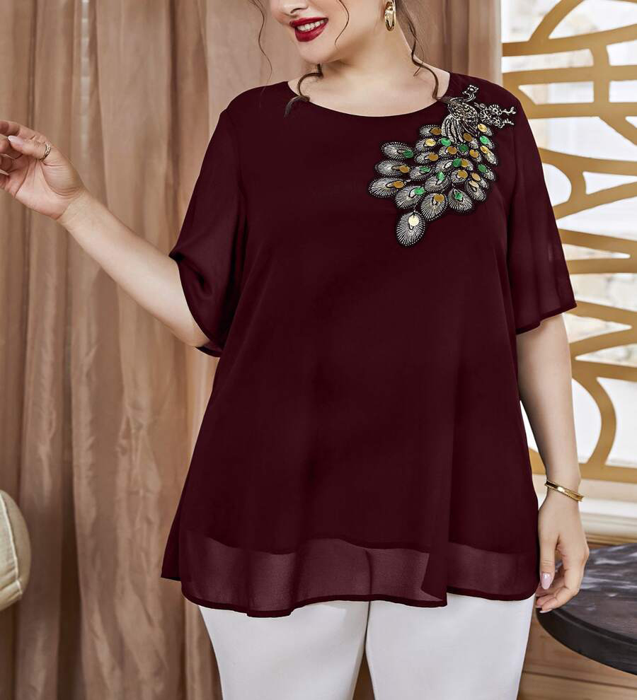 プラスサイズの女性用刺繍孔雀柄トップス、半袖シフォンブラウス - Women'S Fashion Jersey のレビューと価格