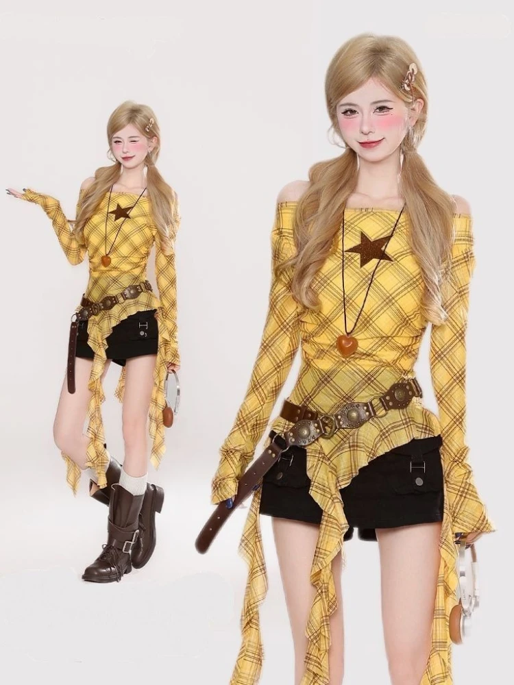 Y2K チェック柄スラッシュネックヴィンテージ T シャツ、 - Women'S Y2K Fashion Aesthetic のレビューと価格