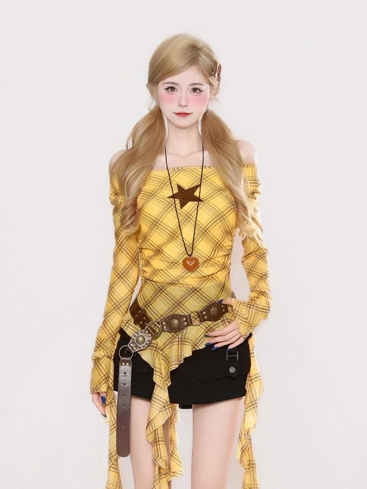 Y2K チェック柄スラッシュネックヴィンテージ T シャツ、 - Women'S Y2K Fashion Aesthetic のレビューと価格