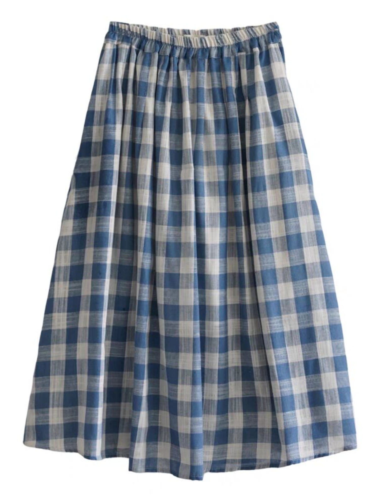 ルーズミディブルーチェック柄竹綿ハーフスカート女性のAライン - A-Line Skirt Midi のレビューと価格