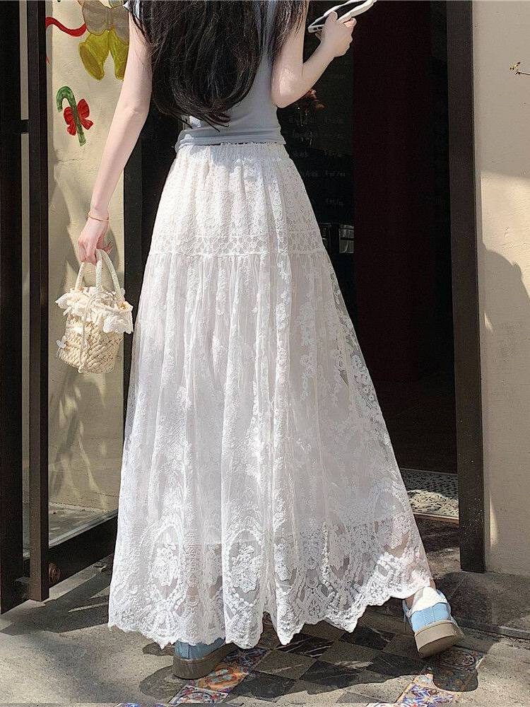 プラスサイズの女性のハイウエストレースフック装飾Aラインミデ - A-Line Skirt Midi のレビューと価格