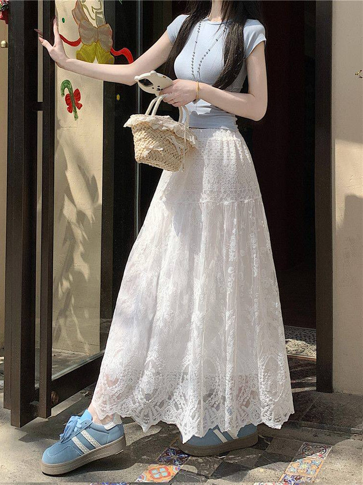 プラスサイズの女性のハイウエストレースフック装飾Aラインミデ - A-Line Skirt Midi のレビューと価格