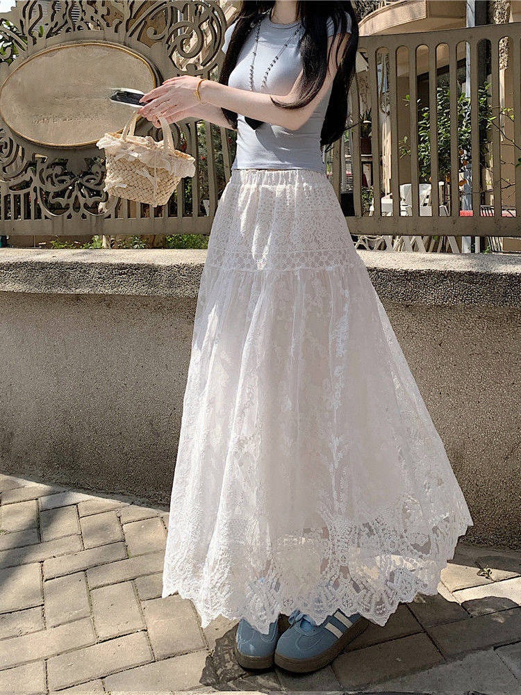 プラスサイズの女性のハイウエストレースフック装飾Aラインミデ - A-Line Skirt Midi のレビューと価格
