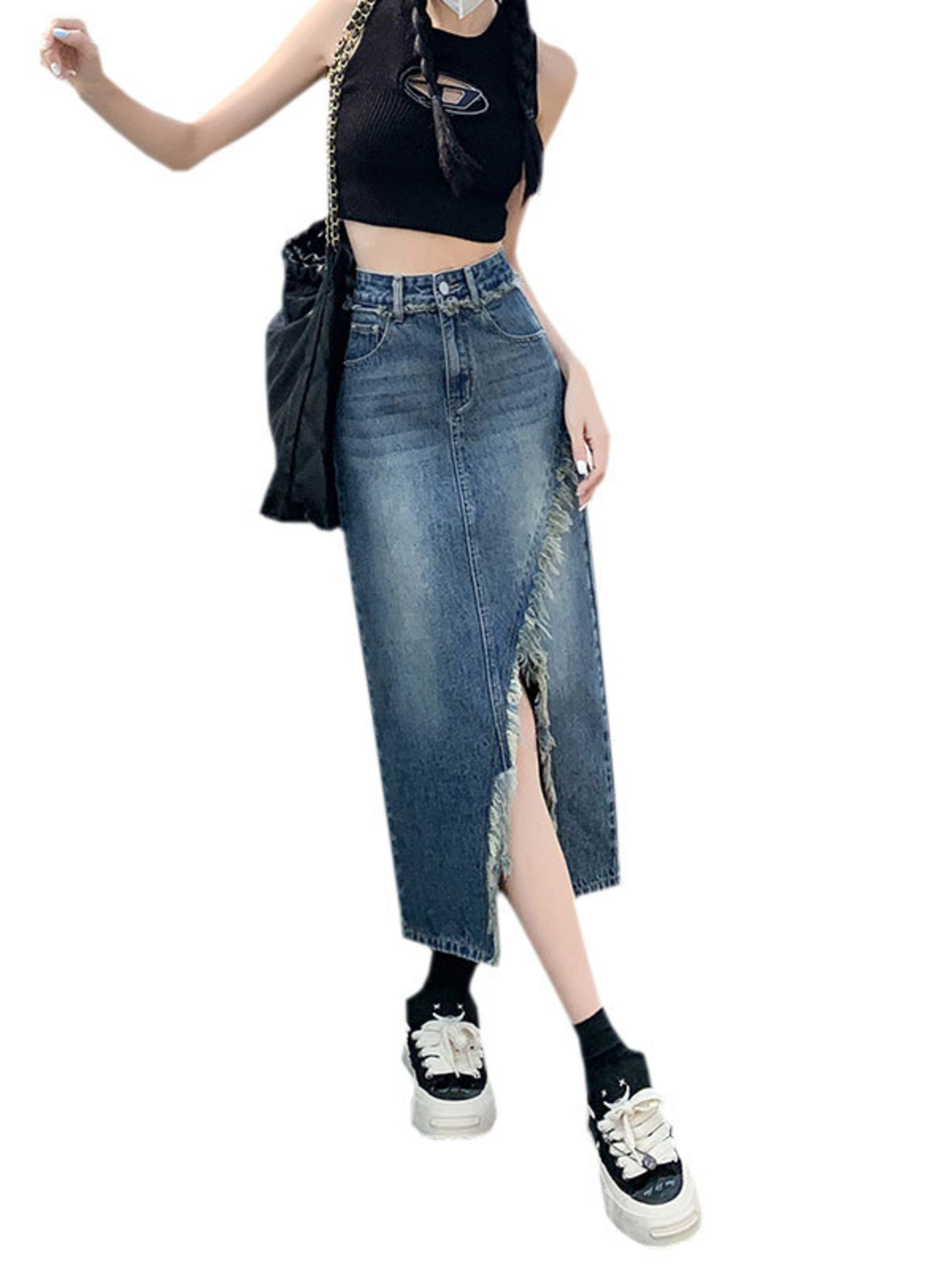 レディース ハイウエスト デニムスカート Aライン ミディス - A-Line Skirt Midi のレビューと価格