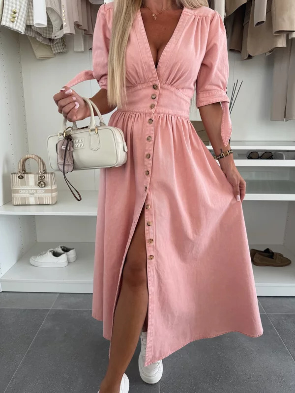 おしゃれなデニムワンピース Vネック 半袖 ジーンズワンピー - Women Fashion Gown のレビューと価格