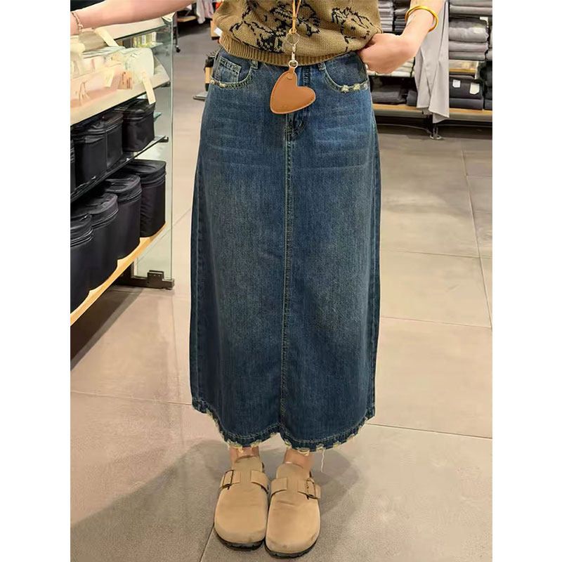 フリル裾刺繍入りワードデニムスカート レディース 春夏新作  - A-Line Skirt Midi のレビューと価格