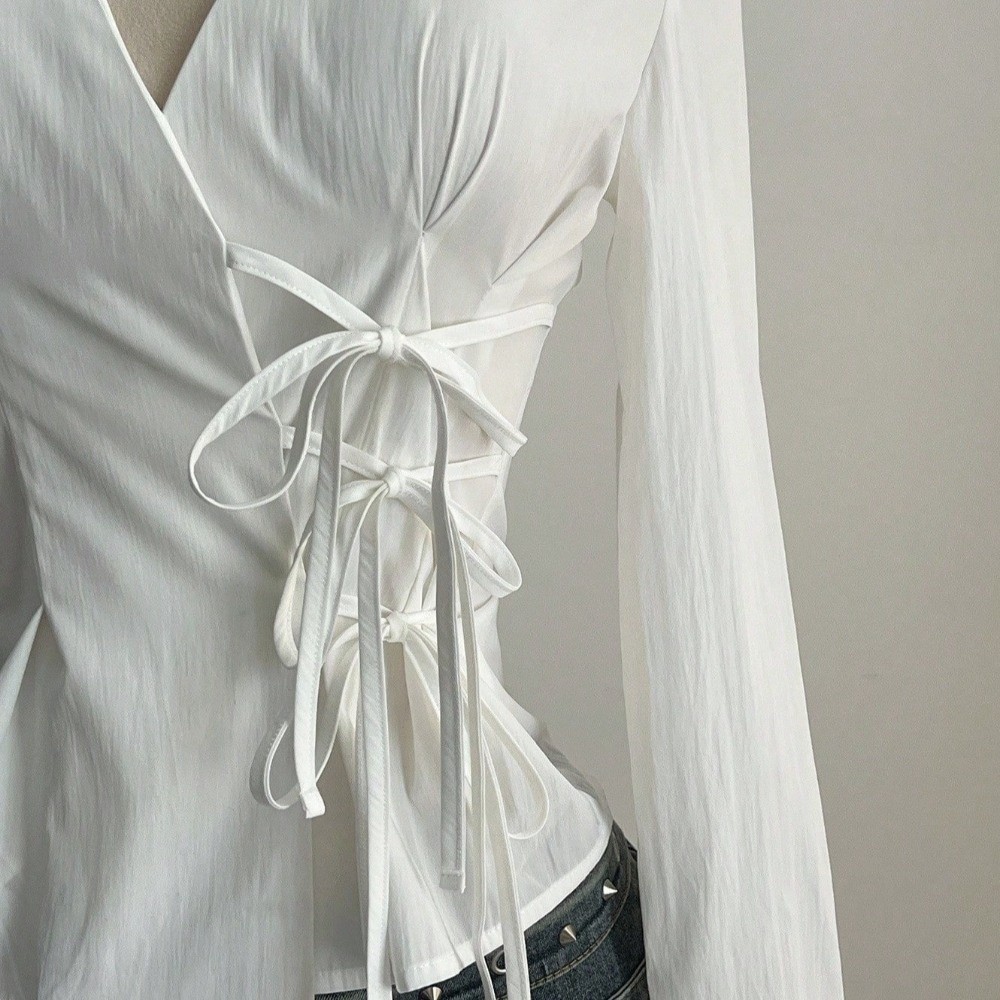 ファッション長袖スリムフィットシャツ V ネック原宿女性タイ - Women'S Y2K Fashion Aesthetic のレビューと価格