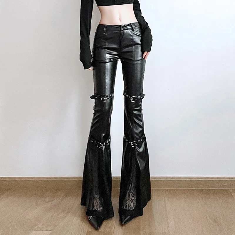 レディース PU レザー フレア パンツ、ゴシック バックル - Women'S Y2K Fashion Aesthetic のレビューと価格