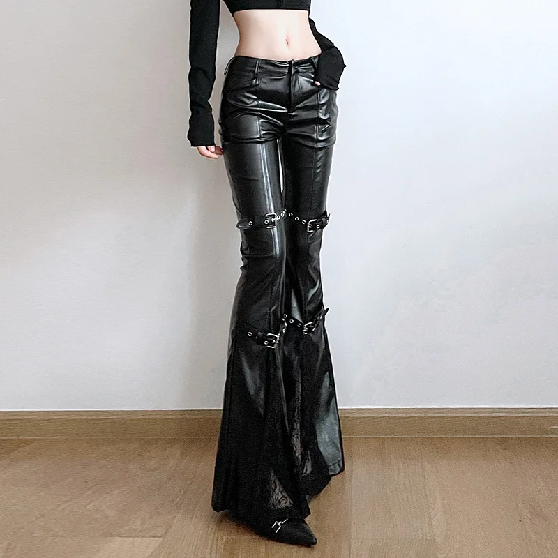 レディース PU レザー フレア パンツ、ゴシック バックル - Women'S Y2K Fashion Aesthetic のレビューと価格